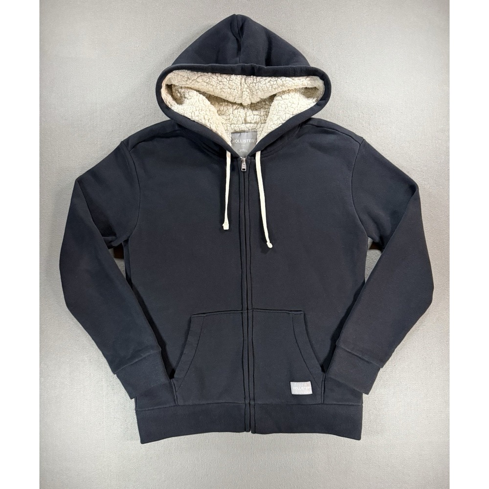 Mens Hollister Black Full Zip Hoodie With Cream Colored Sherpa Lining Sz Small